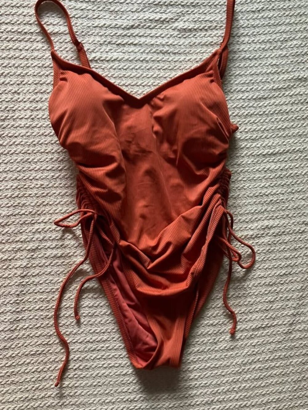 Lulus "Sunny Side" Rust Orange Ribbed One-Piece Swimsuit - Picture 4 of 8